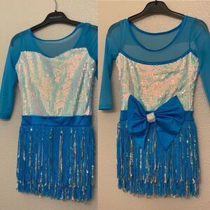 WEISSMAN Dance blue teal sequin Costume Fringe dress leotard LC-large child